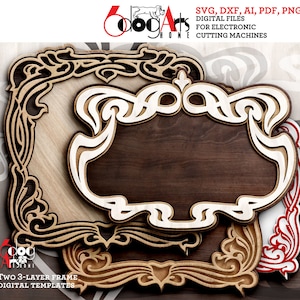 Plantilla de marco en capas Art Nouveau con dos archivos SVG y DXF digitales para descargar madera, cartón, vinilo, corte por láser, GlowForge, Cricut JH-185