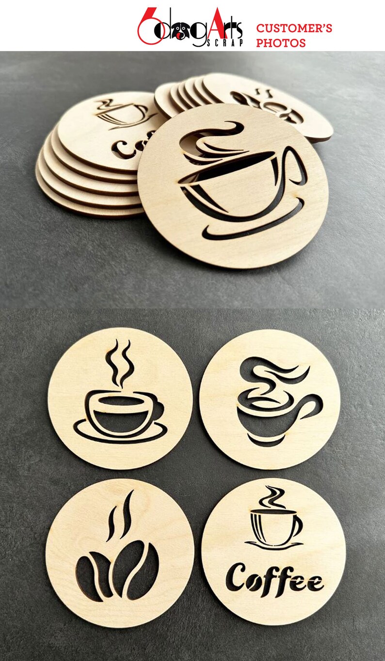 May include: Set of four wooden coasters with coffee cup designs. One coaster features a coffee cup with steam, another has two coffee beans, and the other two have a coffee cup with steam and the word "Coffee".