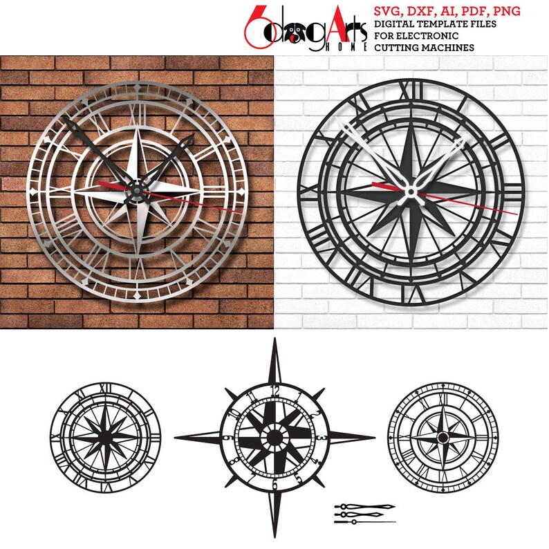 3x Compass Rose Wall Clock SVG DXF Templates Digital Vector Files ...