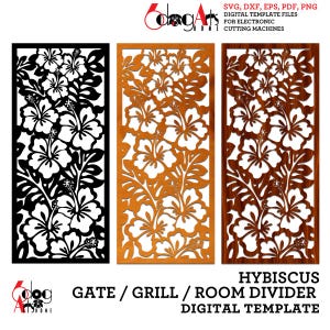Hibiscus Grill Tor Raum Bildschirm Teiler Trennwand Vorlagen Digital Sov Dxf-Dateien Laser Cricut Glow Schmiede Schmieden Schneiden CNC JB-1802