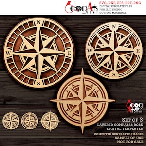 Modelli digitali di rosa dei venti a strati (set di 3) File SVG DXF Legno Acrilico Metallo Taglio laser Glow Forge Cricut Download immediato JH-572