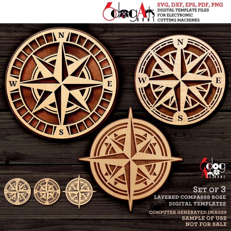 May include: Set of three layered compass rose digital templates. The compass roses are in a circular shape with a star in the center and the letters N, S, E, and W around the edge. The compass roses are on a wooden background.