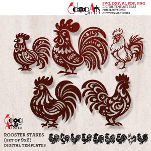 9 (x2) Hahn Garten Yard Dekor Digitale Vorlagen Vektor SVG DXF Dateien GlowForge Metall Laser Schneiden Sofortiger Download JH-765