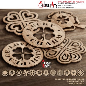 Puede incluir: Diseños de madera cortados con láser que presentan formas de trébol y las palabras "Lucky Charm" y "Love Irish Peace". La imagen incluye varios diseños de tréboles y el texto "SVG, DXF, EPS, AI, PDF, PNG DIGITAL TEMPLATE FILES FOR ELECTRONIC CUTTING MACHINES".
