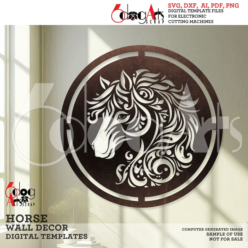 May include: A digital template for a horse head wall decor. The horse head is made up of intricate floral designs. The template is available in SVG, DXF, AI, PDF, and PNG formats.