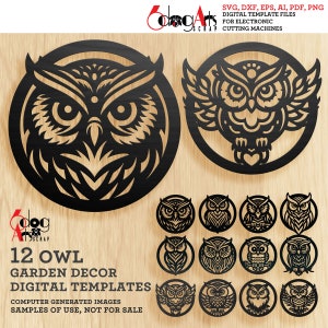 SVG DXF-Dateien - 12x Eulengarten / Wand / Tür Dekor Digitale Vorlagen Sofortiger Download Laser schneiden Laser Cricut JH-590