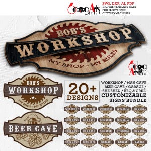 Op de afbeelding: Een digitale download van meer dan 20 aanpasbare ontwerptekeningen voor een werkplaats, een mancave, een bierkelder, een garage, een schuur of een barbecue. De borden hebben een rustieke houten uitstraling met een zaagbladontwerp en de tekst "Bob's Workshop - My Shop - My Rules".
