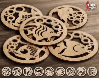 9 Fish Coaster Trivet Wall Decor Templates Vector Digital SVG DXF Files Download Laser Cutting GlowForge Cricut Maker JH-299