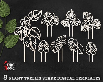 8 Monstera Leaf Plant Trellis Stake Templates Vector Digital SVG DXF Files GlowForge Laser Cutting Cricut Maker Instant Download JH-401