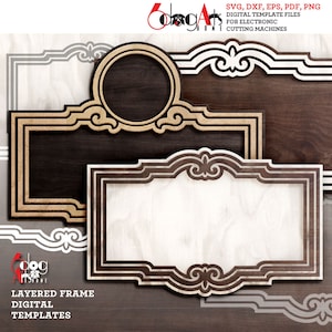 Plantillas de marcos en capas vintage Archivos digitales SVG DXF vectoriales para corte de vinilo, cartón y madera GlowForge Cricut Corte con láser con cuchillo JH-294