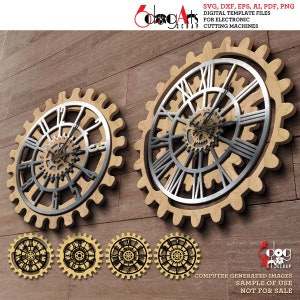 May include: Two large wooden clock faces with Roman numerals and intricate gear designs. The clocks are mounted on a brown wood background. Below are four smaller versions of the clock faces.