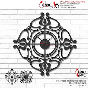 May include: Black and white digital template file for a clock with an intricate design. The clock face is surrounded by a decorative frame with floral motifs. The template is for use with electronic cutting machines. The text "SVG, DXF, EPS, PDF, PNG" and "DIGITAL TEMPLATE FILES FOR ELECTRONIC CUTTING MACHINES" is visible in the image.