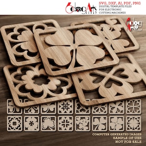 Puede incluir: Un conjunto de 16 archivos de corte digital con varios diseños de trébol de cuatro hojas. Los diseños son de forma cuadrada y son perfectos para proyectos de manualidades como posavasos, decoración de paredes y más.