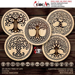 15 Celtic Tree of Life Coaster Wall Decor Templates Digital SVG DXF Files Laser Cutting GlowForge Score & Cut Engraving Download JH-284