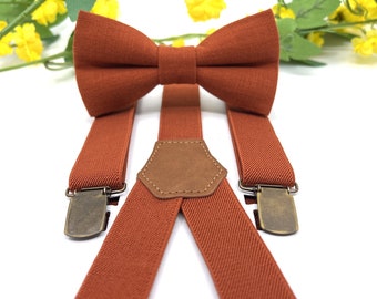 Burnt Orange Suspenders Set, Burnt Orange bow tie, Wedding bow tie, Groom bow tie, Ring bearer, Bow Tie for men, baby, boy, kids