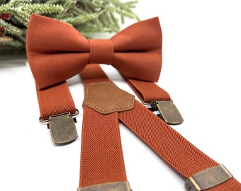 Burnt Orange Suspenders Set with Bow Tie for Weddings Groom Ring Bearer Baby Boy Kids Perfect for Men