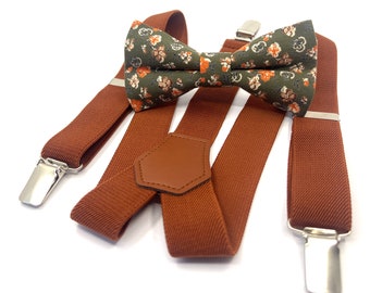 Burnt Orange Suspenders Set, Floral bow tie, Wedding bow tie, Groom bow tie, Ring bearer, Bow Tie for men, baby, boy, kids