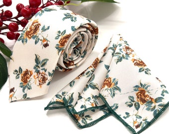 Ecru Slim Necktie with Rust Floral Design for Groomsmen Perfect for Weddings Optional Matched Pocket Square