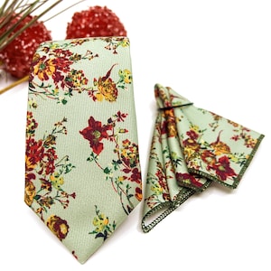 Dusty Sage Green Necktie, Burgundy Floral Necktie, Slim Necktie, Orange Necktie, Groomsmen Necktie, Weddings Necktie, Matched Pocket square