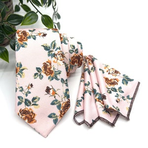 Light Blush Pink Necktie, Rust Floral Necktie, Rose Necktie, Slim Necktie, Groomsmen Necktie, Ties, Weddings Necktie, Matched Pocket square