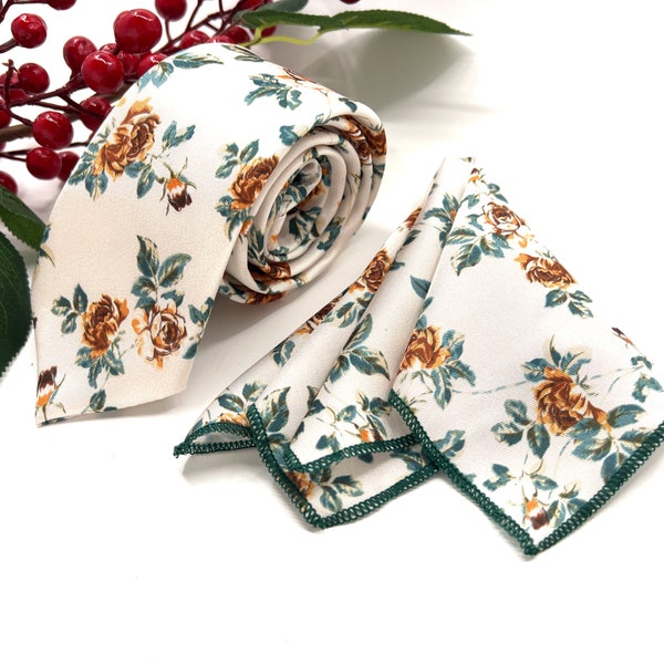 Ecru Necktie, Rust Floral Necktie, Rose Necktie, Slim Necktie, Groomsmen Necktie, Ties, Weddings Necktie, Matched Pocket square