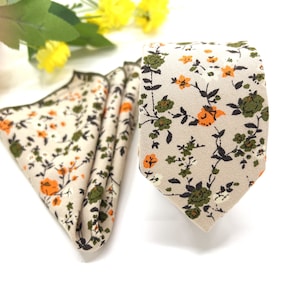 Orange Floral Necktie: Slim Green Wedding Tie