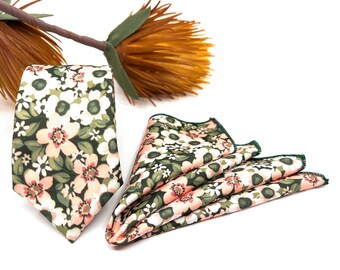 Blush Pink Floral Slim Necktie on Green Background, Wedding Tie for Groom and Groomsmen, Matching Pocket Square and Bow Tie Optional