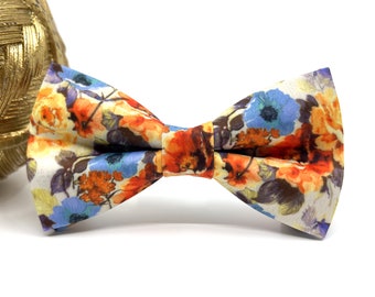 Burnt Orange Bow tie, Blue Bow tie, Floral Bow tie, Groom Bow tie, Groomsmen Bow tie, Weddings Bow tie, Matched Pocket square