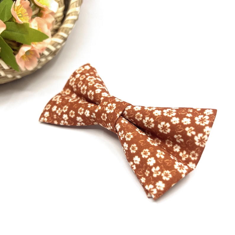 May include: A bow tie featuring a rust-colored fabric base with a repeating pattern of small, white, five-petaled flowers. The bow tie has a structured, symmetrical shape with a central knot detail, showcasing a consistent floral print throughout.