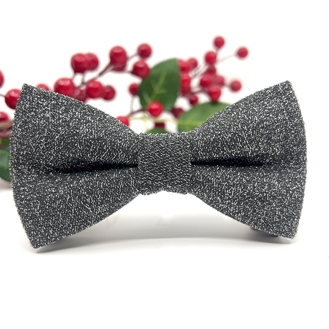 Dark Grey Bow Tie Silver Glitter Wedding Bowtie for Men,