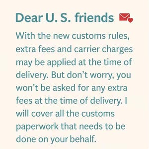 Op de afbeelding: Een lichtgekleurde informatieve afbeelding met blauwgroene tekst die luidt: Dear U. S. friends, with the new customs rules, extra fees and carrier charges may be applied at the time of delivery. But don't worry, you won't be asked for any extra fees.