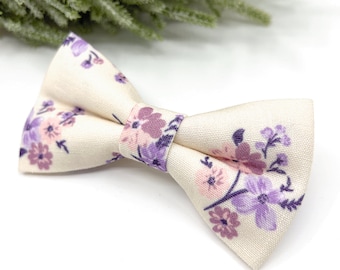 Ecru Floral Bow Tie with Lavender, Mauve and Powder Pink, Wedding Bow Tie for Groom, Ring Bearer, Men, Boys and Baby