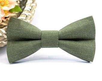 Olive Green Bow tie, Green Bow Tie, Cotton Linen bow tie, Wedding bow tie, Groom bow tie, Ring bearer, Bow Tie for men, baby, boy, kids