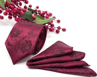 Burgundy Necktie with Black Rose Floral Design, Wedding Tie for Groom and Groomsmen, Matching Pocket Square Optional