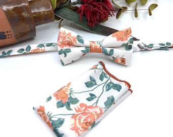 Peach Pink Floral Bow Tie on Ecru, Wedding Bow Tie for Groom, Groomsmen, Matching Necktie and Pocket Square