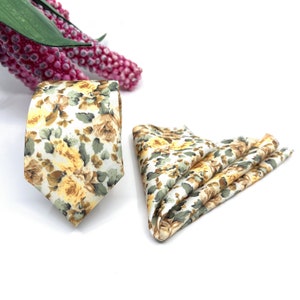 Orange-Yellow Floral Necktie, Sage Green Necktie, Rose Necktie, Ecru Backround Necktie, Slim Necktie, Groomsmen Necktie, Weddings Tie