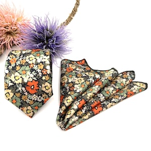 Burnt Orange & Sage Green Floral Necktie: Slim Wedding Tie with Pocket Square