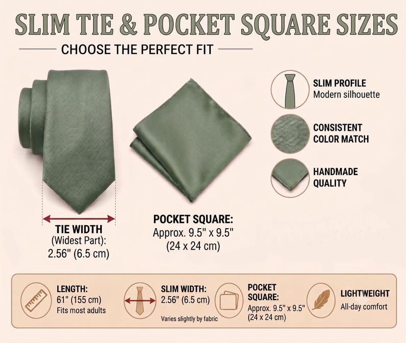 May include: A sage green slim tie and matching pocket square. Text includes SLIM TIE & POCKET SQUARE SIZES, CHOOSE THE PERFECT FIT, TIE WIDTH 2.56 inches, POCKET SQUARE 9.5 x 9.5 inches, LENGTH 61 inches, SLIM WIDTH 2.56 inches, and LIGHTWEIGHT.