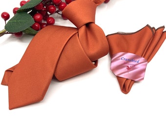 Cravate orange brûlé, Cravate orange, Cravate fine, Cravate en lin, Cravate de garçons d'honneur, Cravates, Cravate de mariage, Pochette de costume assortie