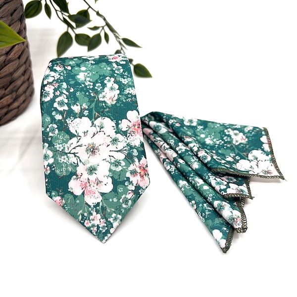 Teal Green Necktie, Deep Aqua Floral Necktie, Blush Pink Necktie, Slim Necktie, Groomsmen Necktie, Weddings Necktie, Matched Pocket square