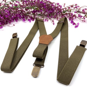 Olive Green Suspenders: Adjustable Elastic Y-Back Wedding Suspenders