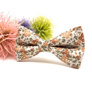 Burnt Orange Floral Bow Tie on Ecru, Groom and Groomsmen Wedding Bow Tie, Matching Pocket Square, Necktie and Suspenders image 5