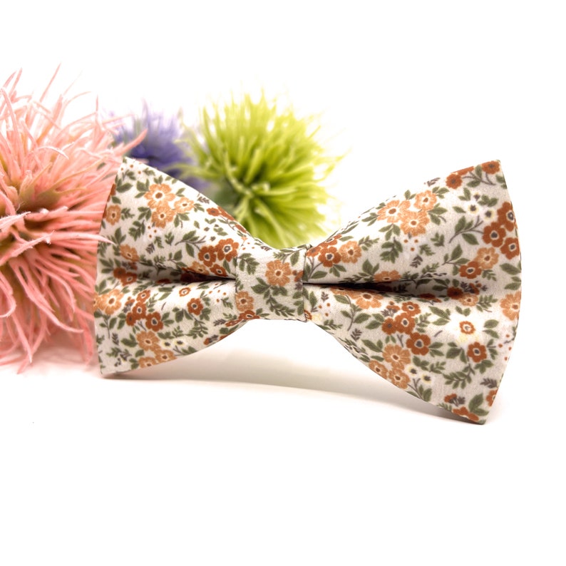 Burnt Orange Floral Bow Tie on Ecru, Groom and Groomsmen Wedding Bow Tie, Matching Pocket Square, Necktie and Suspenders image 5
