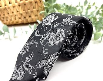 Black Necktie with White Rose Floral Design, Wedding Tie for Groom and Groomsmen, Matching Pocket Square Optional