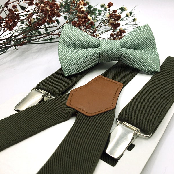Olijfgroene bretels met stoffige saliegroene vlinderdas voor bruiloften, bruidegom, ringdrager, baby, jongen, kinderen en vader