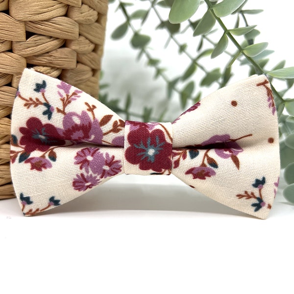 Ecru Bow tie, Wine Red Bow tie, Mauve Floral Bow tie, Linen Bow Tie, Wedding bow tie, Groom bow tie, Ring bearer, Bow Tie for men