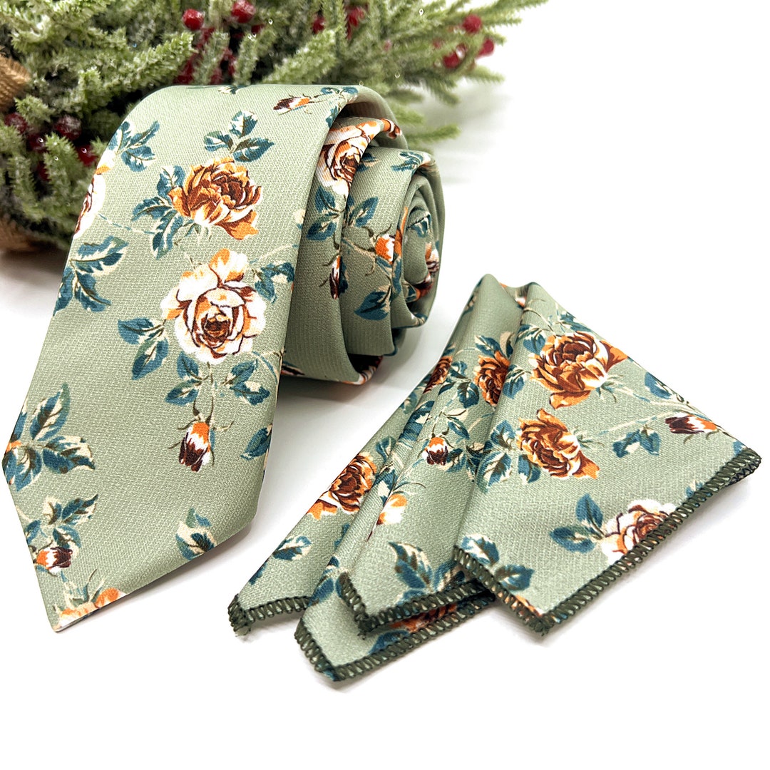 Dusty Sage Green Necktie, Rust Floral Necktie, Slim Necktie, Rose Necktie, Groomsmen Necktie
