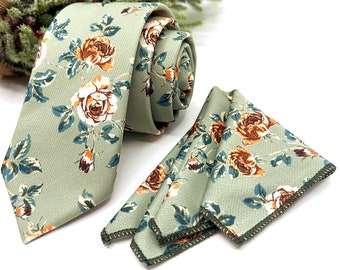 Dusty Sage Green Necktie with Rust Floral and Rose for Groomsmen Perfect for Weddings with Optional Pocket Square