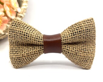 Natural Burlap Jute and Brown Leather Bow Ties for Weddings Groom and Ring Bearer Perfect for Men, Baby, Boy, and Kids