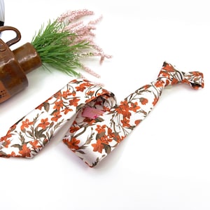 Copper Rust Floral Tie, Brown Rust Tie, Terracotta tie, Ecru Background tie, Slim Necktie, Groom Necktie, Groomsmen Necktie, Weddings Tie